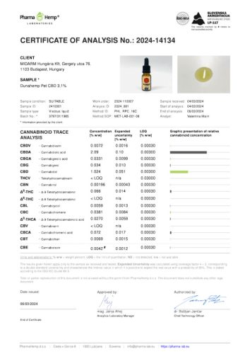 Dunahemp Teljes spektrumú CBD olaj 3,1%, 10ml-es sötét üvegben pipettával kutyáknak és macskáknak
