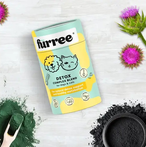 Fürree Detox Complex 100g – természetes méregtelenítő és májvédő por kutyáknak és macskáknak, visszazárható henger alakú papír dobozban