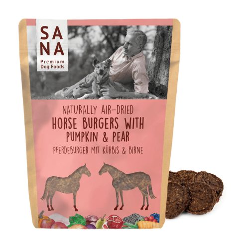 Sanadog Lóhús burger sütőtökkel és körtével kutyáknak, 100g-os visszazárható kiszerelésben