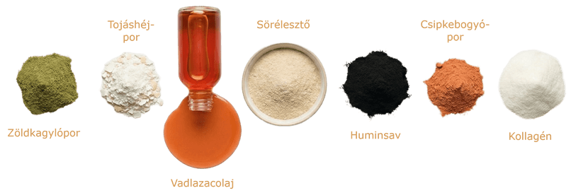 Természetes étrendkiegészítők kutyáknak: zöldkagylópor, tojáshéjpor, kiöntött vadlazacolaj, sörélesztő por, huminsav, csipkebogyópor és kollagén.