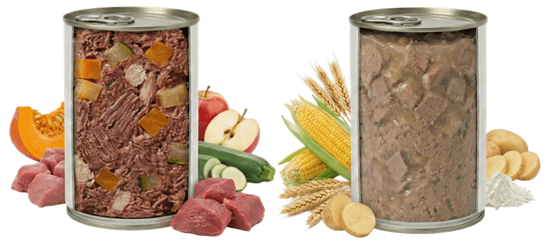 prémium kutyakonzerv beltartalom vs rossz minőségű kutyakonzerv beltartalom