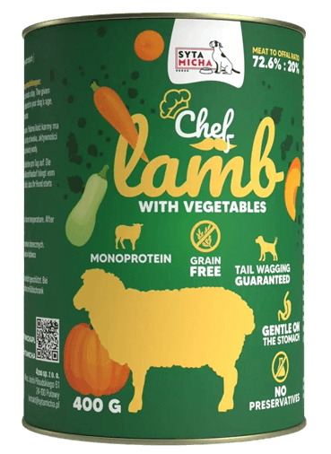 Syta Micha Chef Bárány menü konzerv kutyáknak 400g – természetes, monoprotein eledel, érzékeny emésztésre is